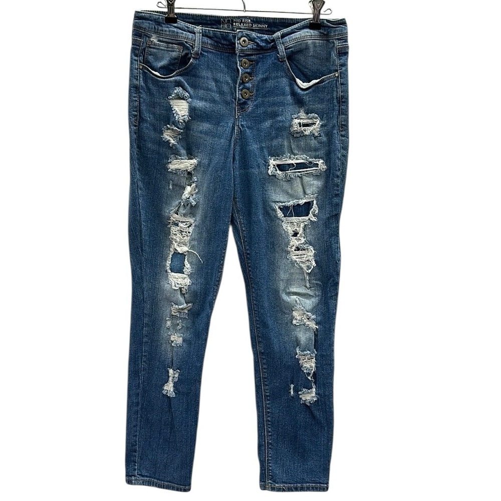 Nobo Button Fly Mid Rise Relaxed Skinny Destroyed Stretch Denim Blue Jeans 13